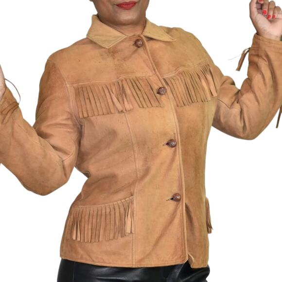 Vintage Jackets & Blazers - Vintage Fringe Leather Jacket Tan Blazer Deerskin Buckskin 70s Easy Rider Small